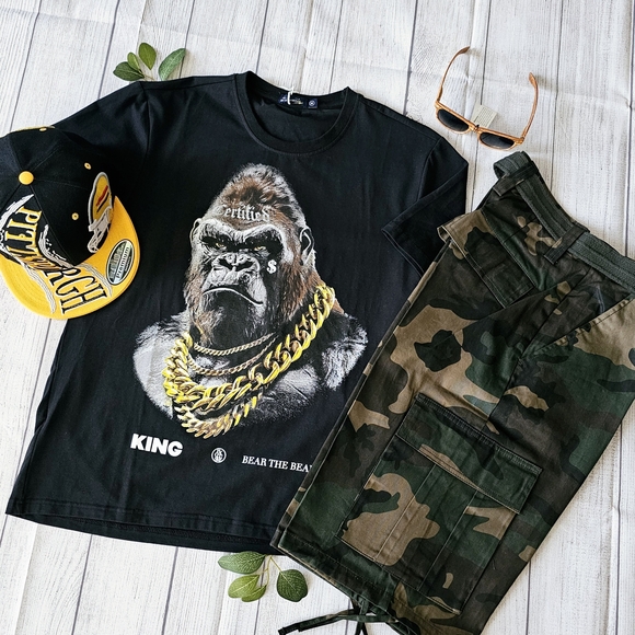 Other - Black Graphic T-Shirt with Camo Shorts